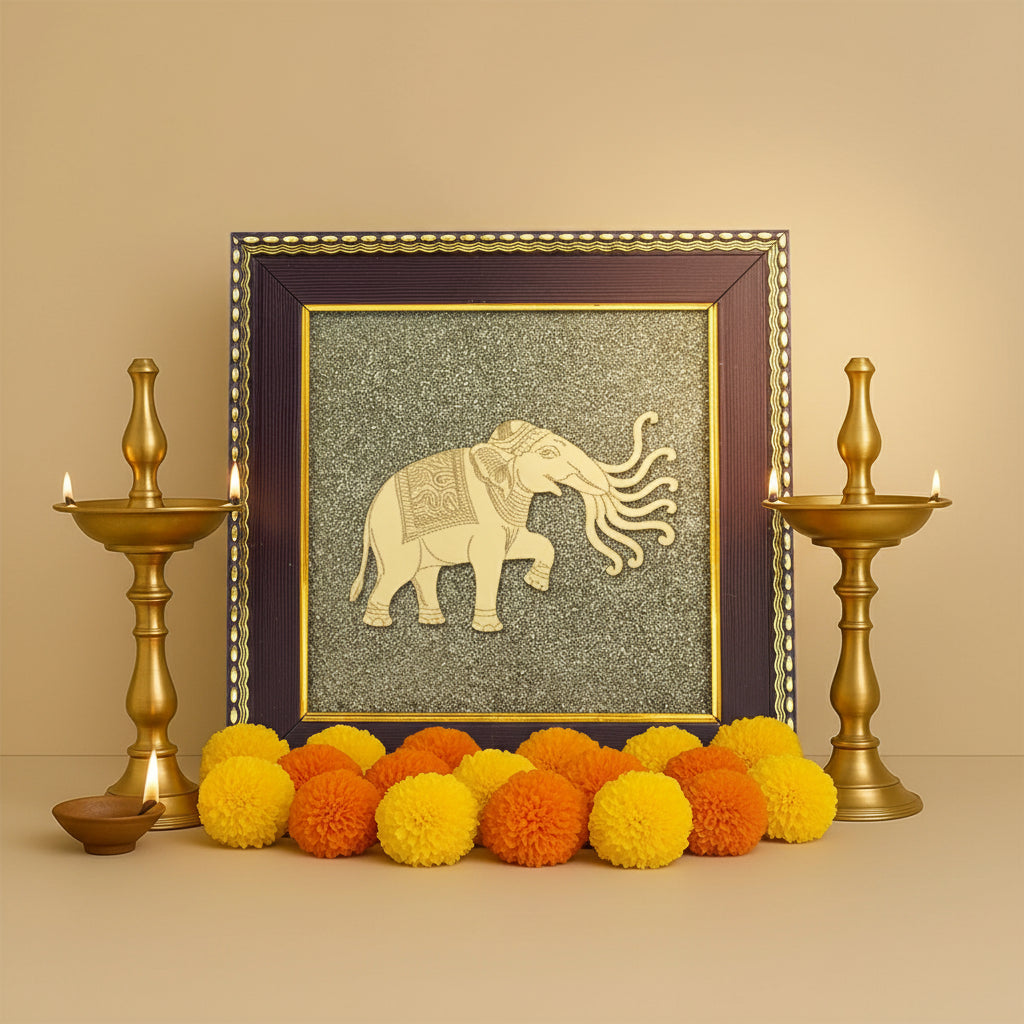 Seven Trunk Elephant On Raw Pyrite Frame